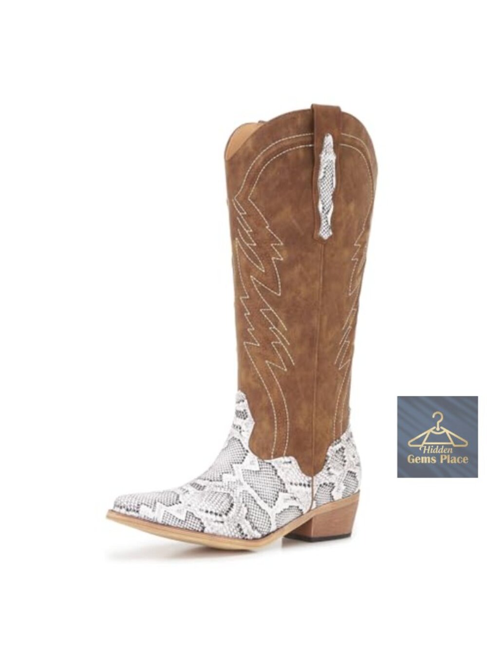 Women's Knee High Cowgirl Boots Square Toe Mid Heel Snakeskin Embossed Leather